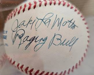 Autographed baseball by famous boxer Jake LaMotta, inspiration for Raging Bull movie.