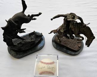 Bronze sculptures by Frederic Remington & James Earle Fraser & Autographed Pres. Ronald Reagan baseball.