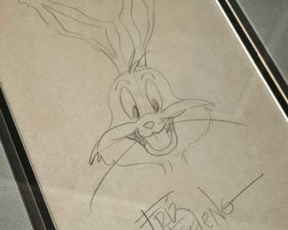 Original framed pencil sketch of Bugs Bunny by legendary animator Fritz Freleng.
