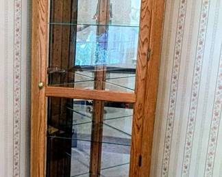 Vintage Oak Lighted Corner Curio Cabinet