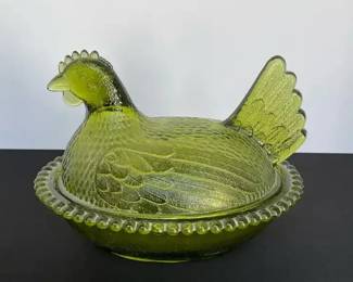 Green Hen on a Nest Covered Candy Dish