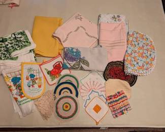 Linen Table Cloths, Pot Holders  More