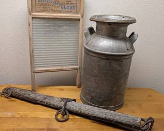 Ten Gallon Atlantic Cream Can, Glass Washboard  Yole
