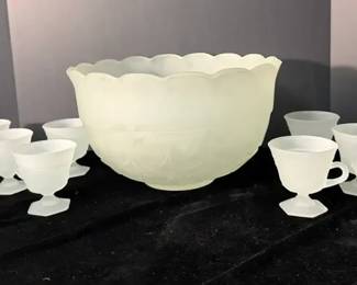 Vintage Tiara White Milk Glass Punch Set