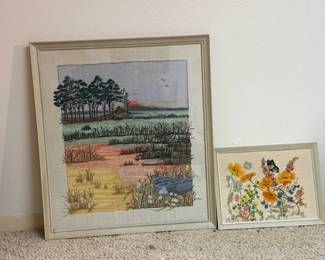 Crewel Embroidery Sun Set Over Lake  More
