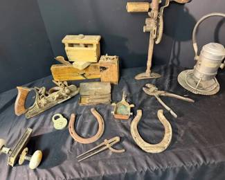 Antique Wood Lathe, Railroad Lamp  More