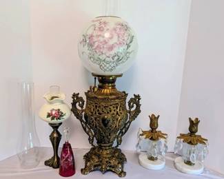 Antique Victorian Ornate Cast Brass Banquet Lamp  More