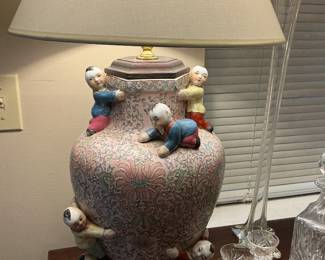 Whimsical pair of porcelain lamps