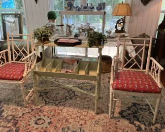 White lacquer bamboo side chairs. Green table shelf from Custom Interiors in Albany, this is a great looking piece!