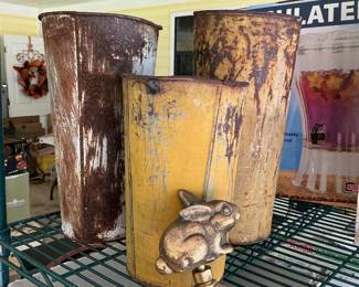 Vintage turpentine buckets & brass rabbit water faucet