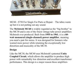 $750.         MC 60 FOR PARTS OR REPAIR 