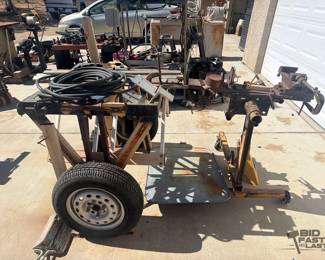 1916 Cherry Picker, Blitz Oil Pan, Bench Vise, Floor Jack, Portable Work Station