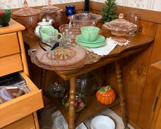 Antique parlor table, pink depression glass, vintage jadeite
