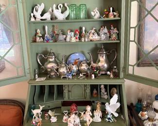 Uranium glass, silver plated tea sets, goose and duck decor