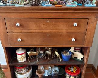 Vintage furniture, brass deer, vintage tins