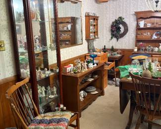 Vintage decor, Hummels, figurines, curio cabinet, vintage furniture