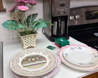 Coffee maker, vintage decor plates