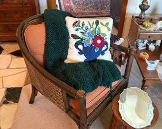 Needlepoint pillows, vintage armchairs