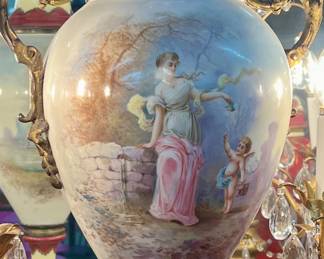 Antique signed hand painted Serves bronze mounted urn