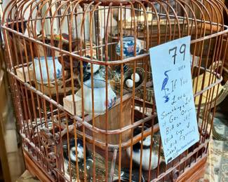 Vintage bird cage w/Goebel ceramic bird figurines and more 