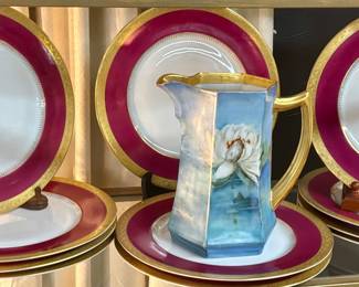 Formal China Dinner Plates, hand painted vintage pitcher 