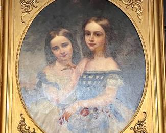 Antique oil on canvas mother and daughter portrait