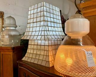 Vintage light globes and pair of MOP lampshades 