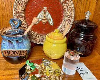 Bee My Honey Lot- ceramic honey pots, large plate, assortment of brooches, and more