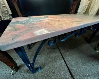 HEAVY pink marble top wrought iron base coffee table