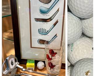 Golf Lot- includes framed print of vintage clubs, vintage putters, rocks glasses, bucket of balls