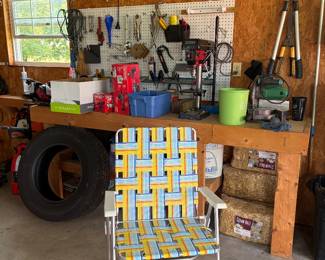 Lawn chairs, tools, drill press