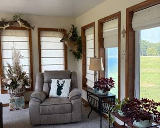 Rustic/lodge, decor, gray recliner, modern shelving