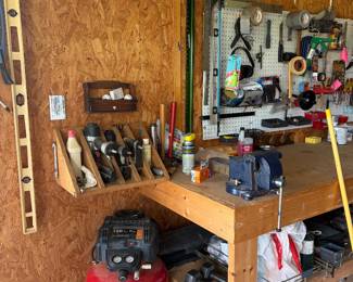 Air compress, vice, tools, weights