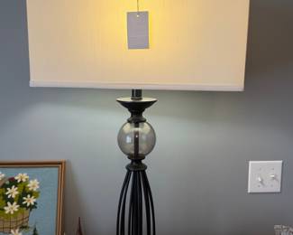 Black Metal and Glass Orb Table Lamp with Beige Drum Shade