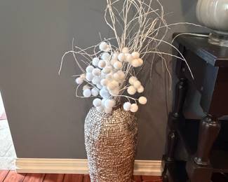 Textured Silver Mosaic Floor Vase with White Berry Branch Arrangement