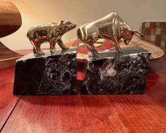 Vintage Solid Brass Bull and Bear Bookends on Black Marble Bases