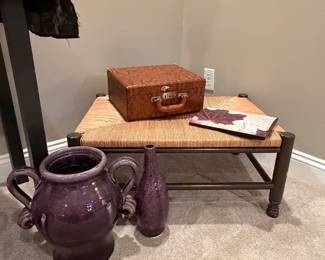 Estate Decor Assortment: Rush Seat Stool, Vanity Case, and Ceramic Vases