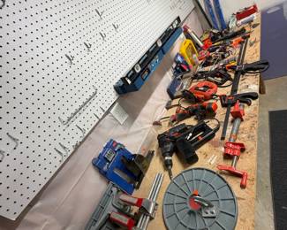 Assorted Workshop Tools and Pegboard Storage System