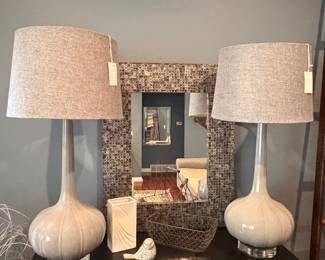 Pair of Cream Ceramic Gourd Table Lamps with Crystal Bases