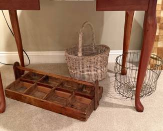 Vintage Wooden Tool Caddy with Compartments and Assorted Baskets