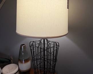Black Metal Cage Table Lamp with Linen Shade