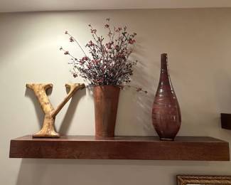 Decorative Shelf Decor Trio: Metal Letter, Rustic Vase, and Swirl Glass Vase