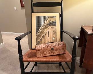 Black Painted Ladder-Back Rush Seat Armchair with Woven Box