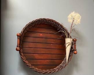 Vintage Round Wicker and Wood Serving Tray with Turned Handles