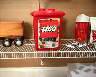 Vintage Fisher-Price Play Family Farm (#915), LEGO Storage Bin, and Wooden Truck