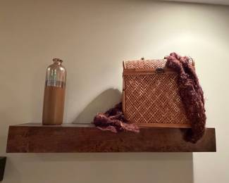 Vintage Woven Wicker Storage Chest with Brass Clasp and Two-Tone Ceramic Vase