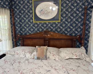 #21 - $1,650 - King size Bedroom set wood - 5 pieces : four poster bed, with 2 night stands marble top 26Lx29Tx16D, - 6 drawers tall chest 38x54x19 + chest drawers with mirror 54x75x19