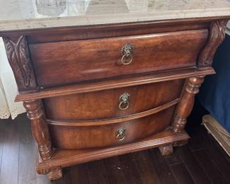 #21- $1,650. King size Bedroom set wood - 5 pieces : four poster bed, with 2 night stands marble top 26Lx29Tx16D, - 6 drawers tall chest 38x54x19 + chest drawers with mirror 54x75x19