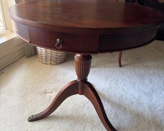 #46. $120 - Mahogany round drum table with one drawer 28x28x28