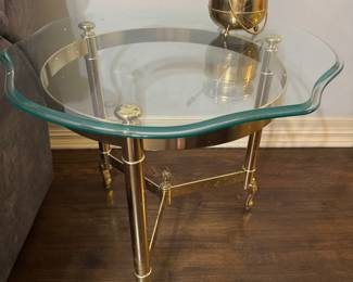 #29 - $60 - Three legged glass and brass side table 24x24x21H